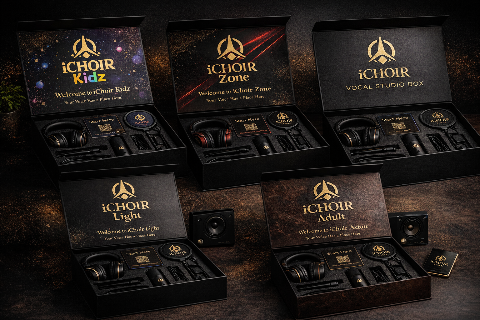 The iChoir enrollment welcome kit collection for Kidz, Zone, Light, Adult, and vocal studio members