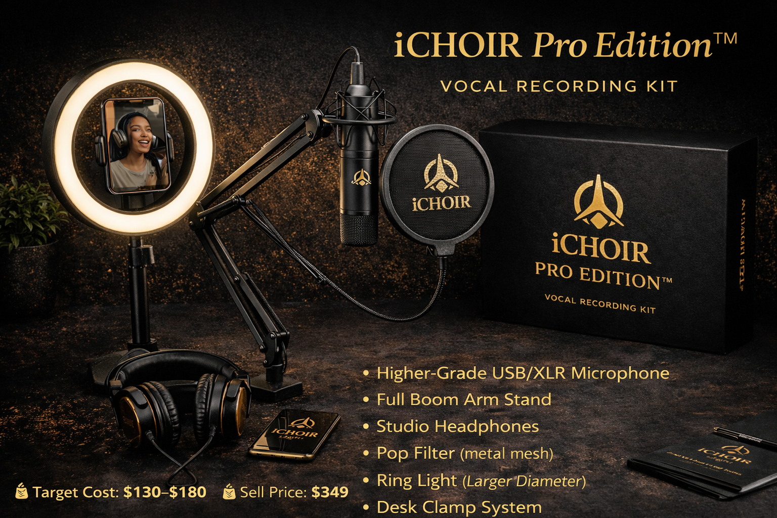 iChoir Pro Edition vocal recording kit with microphone, boom arm, headphones, pop filter, ring light, and desk clamp
