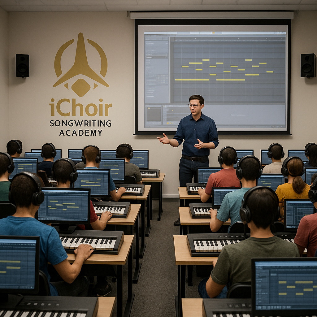 Students learning songwriting and music production in the iChoir Songwriting Academy lab