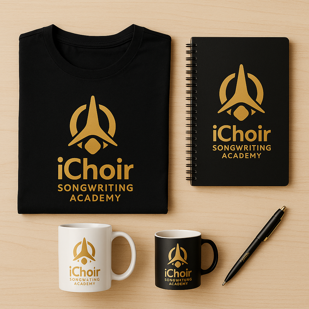 iChoir Songwriting Academy apparel, notebook, mugs, and pen